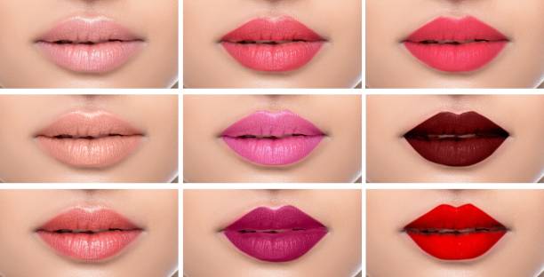 Set or collage female lips with different color of lipsticks on the female lips. shades of lipstick makeup variations
